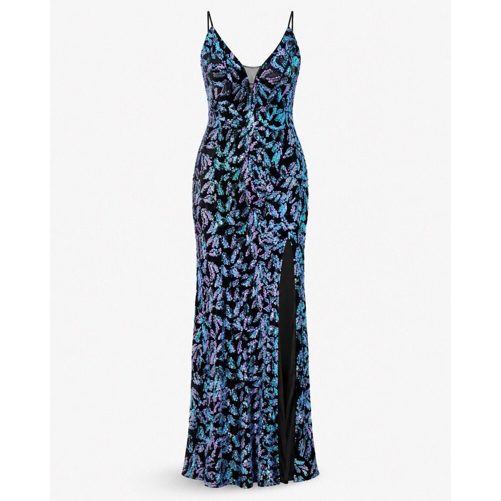 Macy’s Sequin Evening Gown Size S Prom Homecoming Strappy Back Slit 63 In